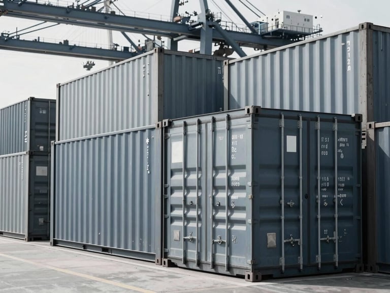 Crisp desaturated photograph of structured cargo containers and modern shipping terminal infrastructure, cool daylight, sharp focus