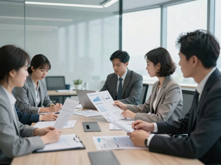 Cool-toned daylight photograph of focused professionals analyzing structured data visualizations in a modern corporate boardroom, architectural depth of field