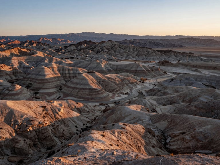 Wide panoramic view of the rugged Utah desert landscape at dawn, soft morning light illuminating textured earth and distant mountains