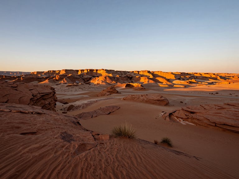 Wide panoramic Utah desert landscape at golden hour, low horizon, sweeping sand and rustic rock formations with deep terracotta tones.