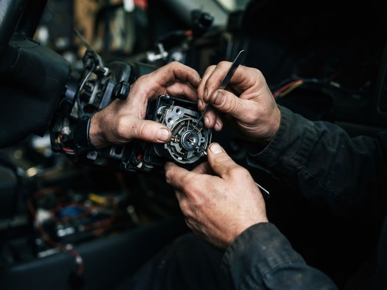 Close-up of professional locksmith hands working on a modern car ignition lock cylinder, high-contrast natural daylight, cool metallic tones with warm orange accents