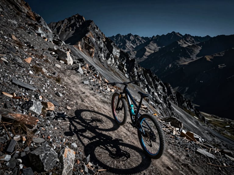 Cinematic wide-angle mountain bike POV looking down a razor-sharp alpine ridge, dramatic low-light with neon rims on the bike wheels, gritty action shot