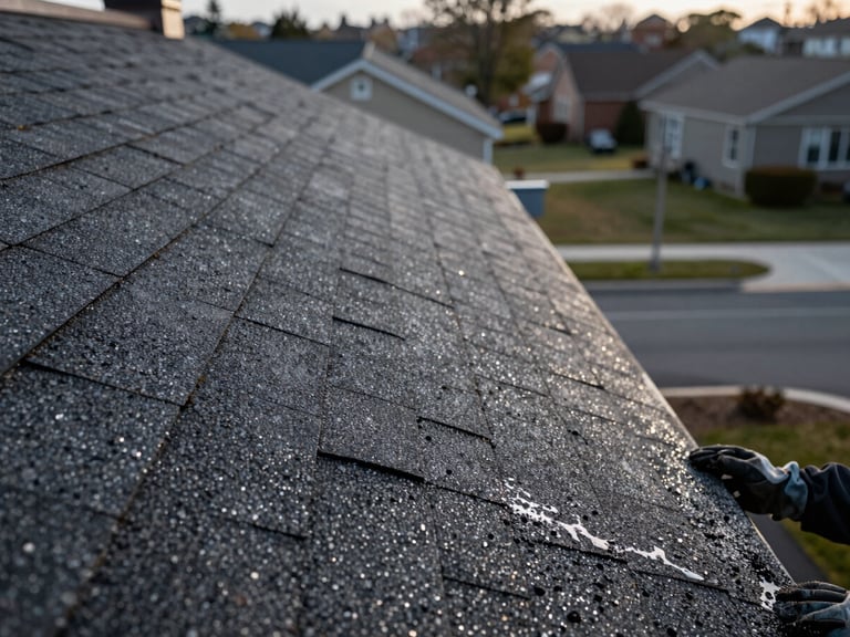 Close-up of a freshly cleaned asphalt shingle roofline, dark granules fully visible, no moss or lichen remaining, water beading cleanly on the surface, worker's gloved hand visible at the lower edge confirming the work, natural afternoon daylight, suburban rooftops softly visible behind