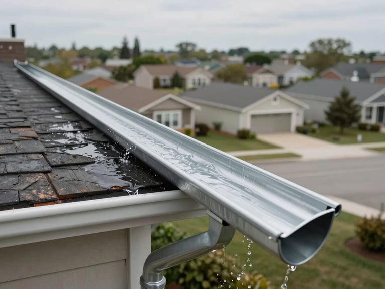 Wide environmental shot of a freshly cleaned residential gutter on a suburban roofline, water flowing cleanly through a clear aluminum channel, South Shore neighborhood visible in the background, overcast natural daylight, no debris remaining