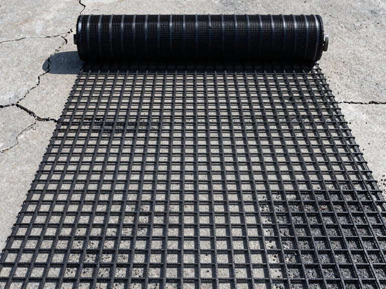 Top-down flat-lay shot of black fiberglass geogrid mesh being unrolled over an old, cracked concrete pavement before asphalt overlay, emphasizing the grid pattern, harsh direct sunlight, sharp focus.