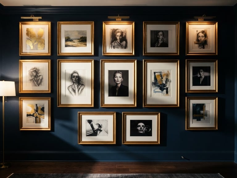Straight-on architectural shot of a completed gallery wall in a luxury home, dramatic side lighting casting long shadows, deep navy walls, gold-framed art pieces perfectly aligned.