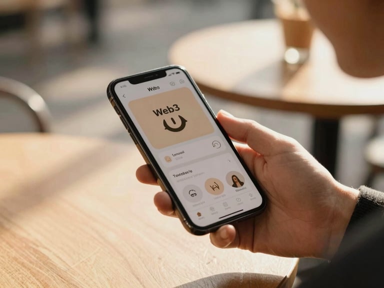 Candid close-up of a hand holding a mobile phone displaying a warm, minimalist Web3 loyalty app interface in a sun-drenched outdoor cafe, soft shadows
