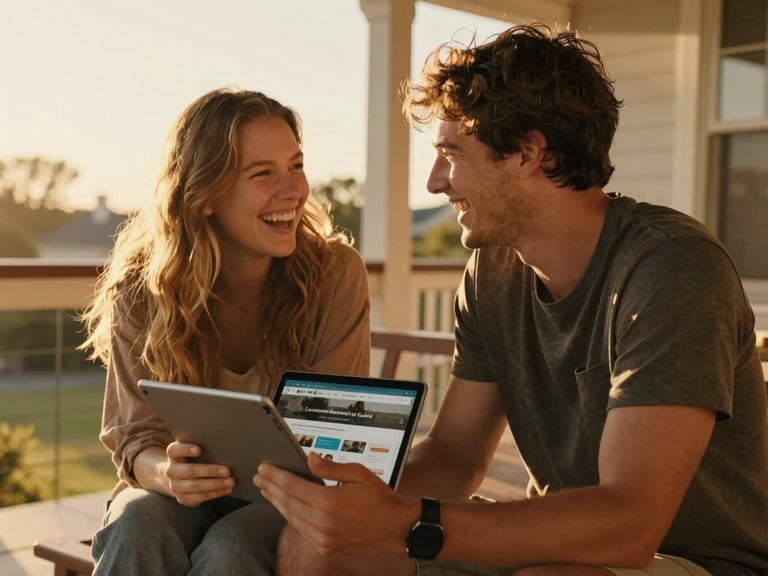 Cinematic medium shot of a young couple laughing together on a sun-drenched porch, warm golden hour light, holding a tablet showing a community portal