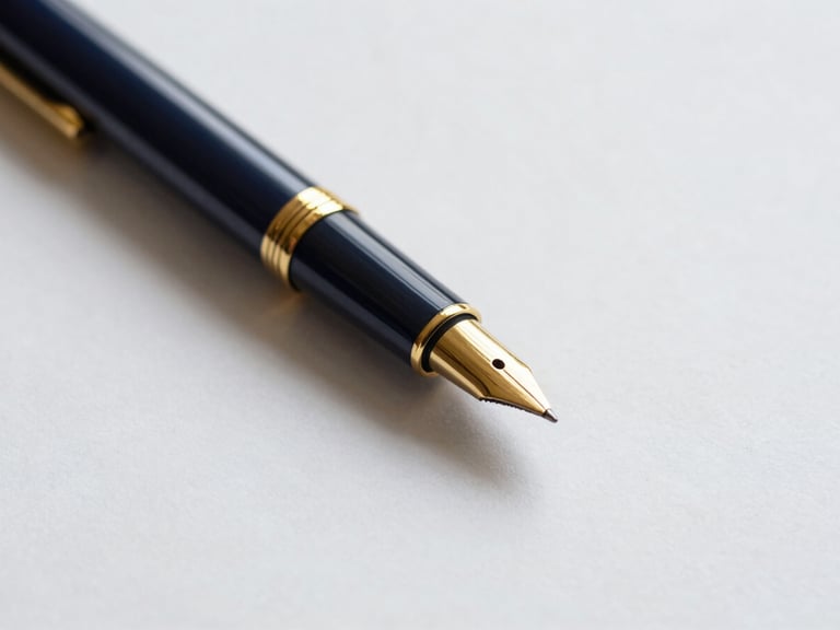 Close-up of high-end stationery with a pen, reflecting strategic planning, soft natural daylight, deep navy and gold accents, clean minimalist composition, 50mm lens