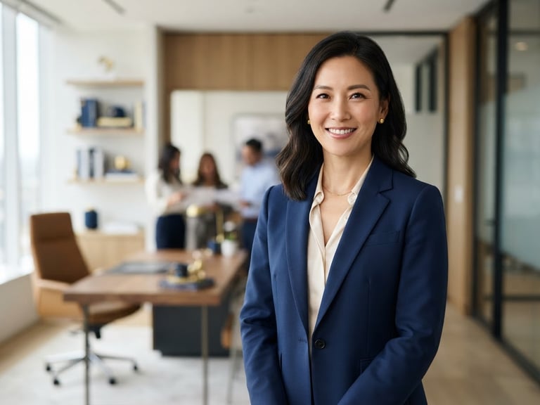 Professional portrait of Lisa Choi in a modern, well-lit office, looking confident and approachable, deep navy and gold accents, clean minimalist composition, 50mm lens