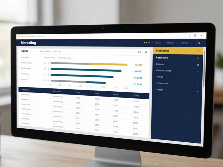 Clean digital marketing dashboard on a monitor, showing analytics and campaign performance, soft natural daylight, deep navy and gold accents, clean minimalist composition