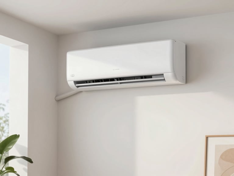Bright modern living room with a seamlessly integrated white split air conditioner on a clean wall, natural morning light, minimal aesthetic, premium home