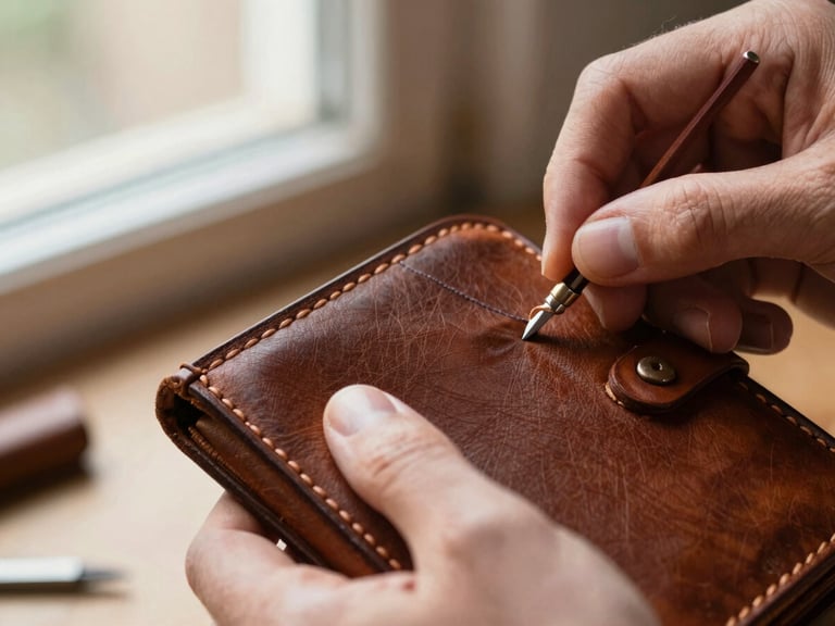 Macro close-up of a craftsman's hands saddle-stitching a cognac leather wallet with thick waxed linen thread, warm workshop window light, soft focus, 35mm photography