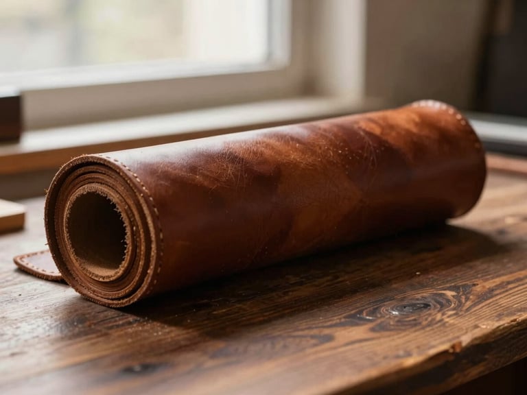 A roll of thick cognac vegetable-tanned leather resting on a dark wooden workbench, soft directional window light, warm tones, 35mm