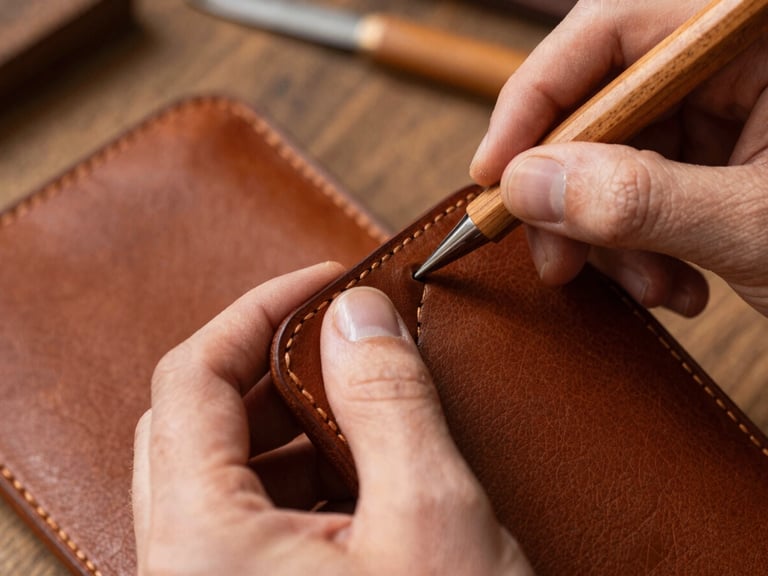 Close-up of a craftsman's hands using a wooden stitching pony to hold a leather wallet, warm side light, rich textures, 35mm