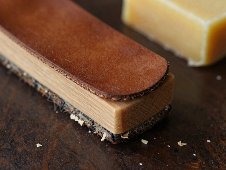 Macro detail of a leather edge being burnished with a wooden slicker, small shavings of beeswax on a dark workbench, warm light, 35mm