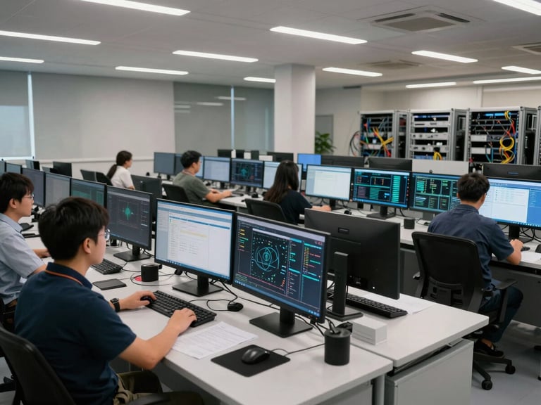 Wide environmental shot of a modern operations center, engineers seated at workstations reviewing network and application dashboards, overhead facility lighting, multiple monitors showing live data, cable-managed rack infrastructure visible in the background