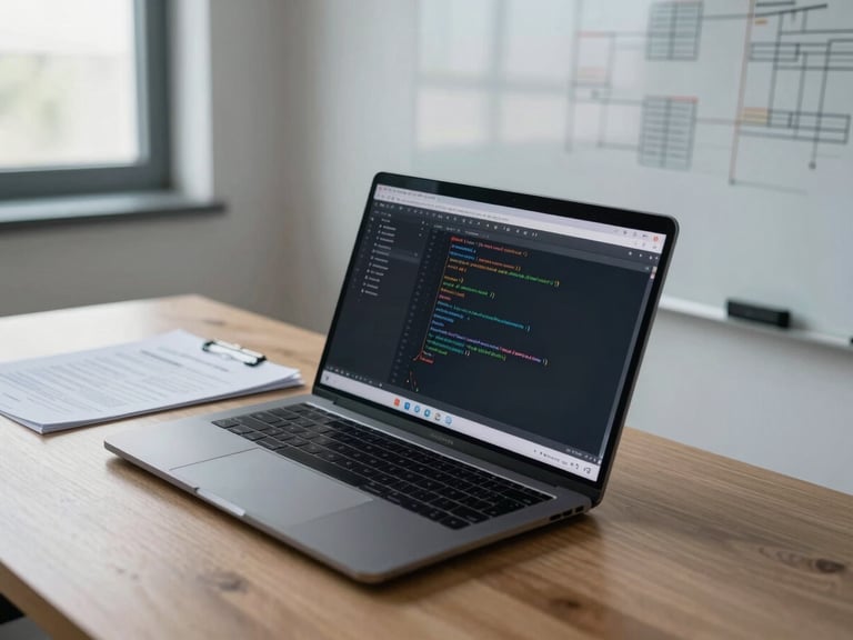 Angled overhead shot of a developer's desk with a laptop showing a code editor, a printed technical specification document, and a whiteboard with architecture diagrams in the background, cool daylight from a nearby window