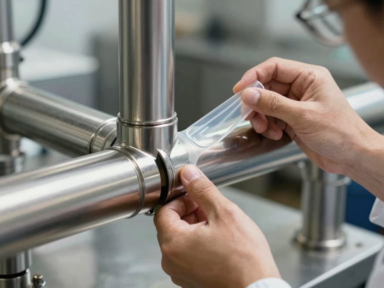Close-up shot of a technician's hands applying a precise, clear gel barrier to a stainless steel pipe joint under bright, natural daylight in an immaculate commercial kitchen, highly professional and hygienic.