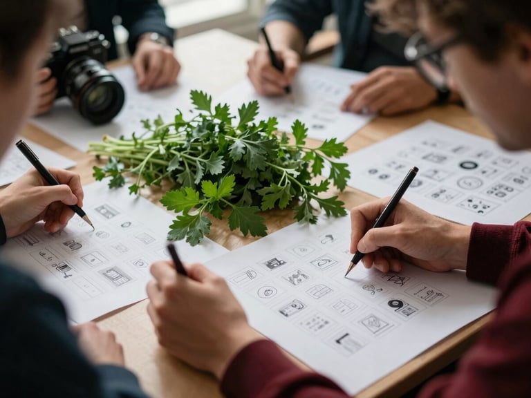 Overhead shot of agency team members sketching social media grids on parchment paper, surrounded by fresh herbs and a camera lens, soft natural light, rich crimson and forest green tones