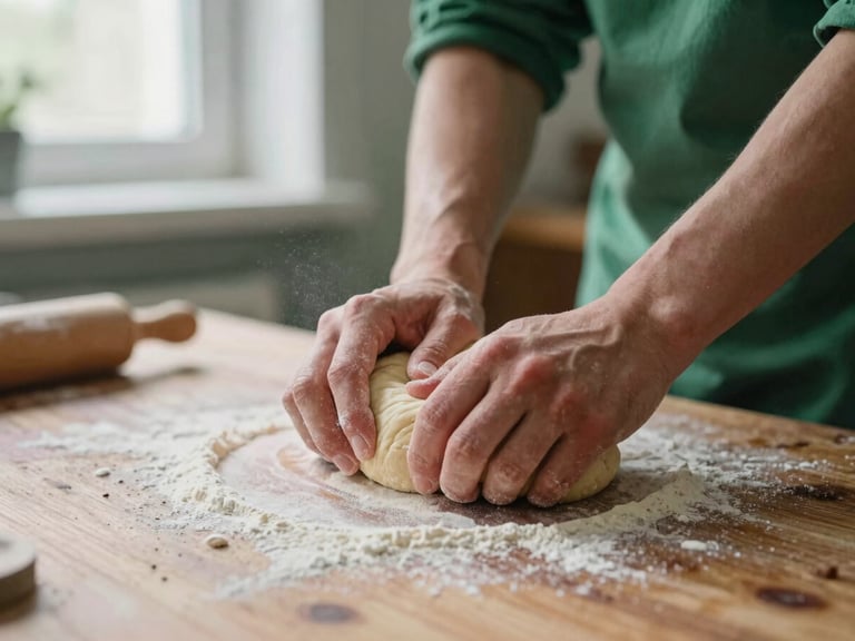 Close-up of hands kneading dough on a rustic wooden table under soft Scandinavian window light, flour dusting the air, rich crimson and forest green tones, shallow depth of field