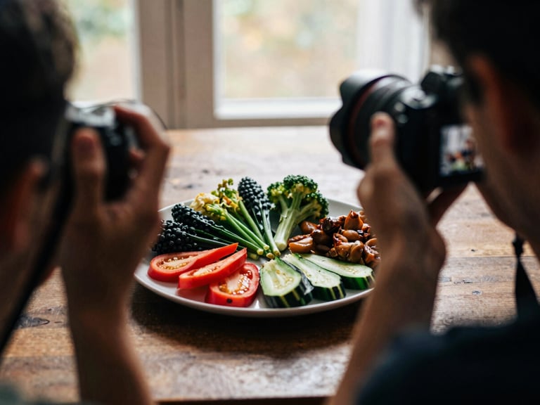 Behind-the-scenes shot of a photographer adjusting a camera lens to capture a plate of beautifully arranged seasonal vegetables, moody shadows, warm indoor glow, rich crimson and forest green tones