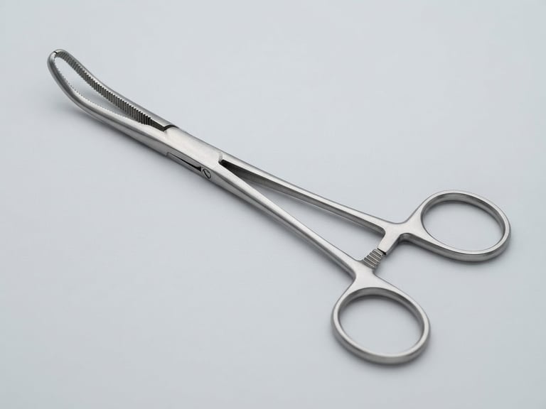 Sharp technical photography of individual surgical forceps on a sterile light gray background, bright high-key studio lighting, macro lens, ultra-detailed.