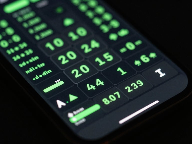 High-fidelity mobile screen mockup showing a puzzle game with neon green performance metrics overlaid, dark-mode, macro detail.