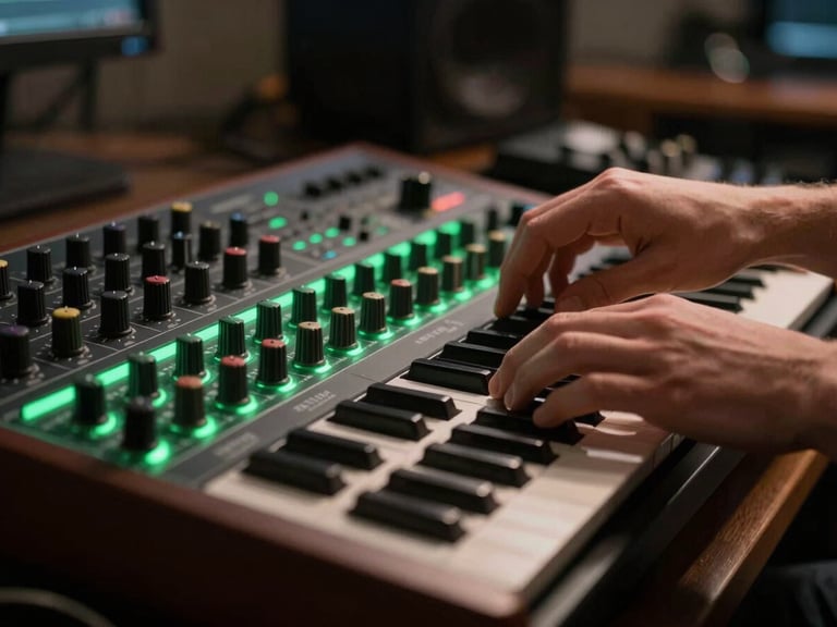 Close-up of a music producer's hands adjusting controls on an analog synthesizer in a dimly lit studio, sharp green backlighting, atmospheric creative vibe.