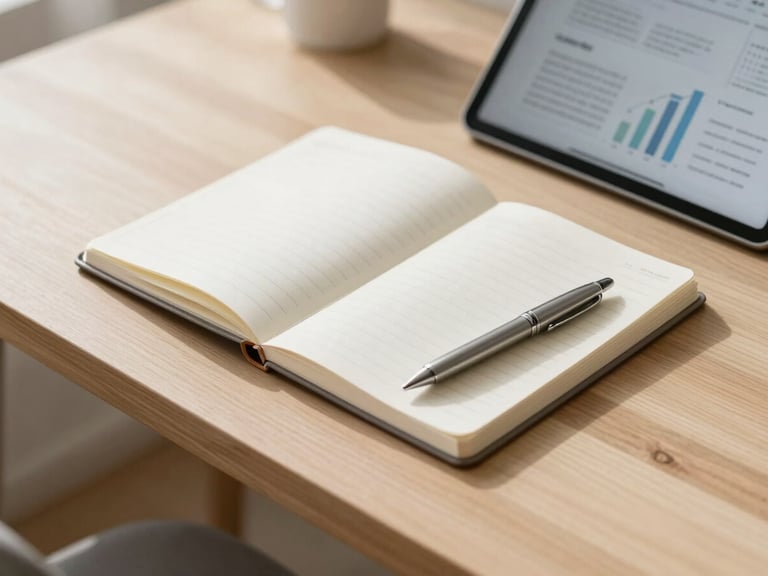 Sleek minimalist wooden desk with a single open notebook, a high-end pen, and a tablet showing clean academic charts, bathed in soft morning daylight, shallow depth of field.