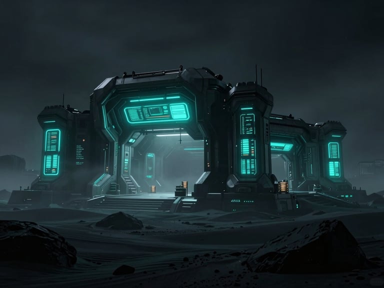 Cinematic wide-angle shot of a brutalist sci-fi fortress on obsidian sands, glowing cyan terminal interfaces cutting through thick dark fog, 35mm lens, dark cinematic game photography
