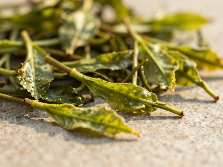 Close-up of long, twisted orthodox Assam tea leaves on a light, smooth stone surface, warm golden-hour sun filtering through leaves, shallow depth of field.