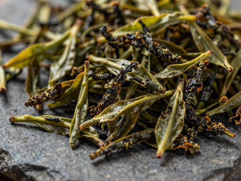 Close-up of dark, granular CTC Assam tea leaves on a textured dark stone surface, soft natural daylight, rich forest green and golden tones.