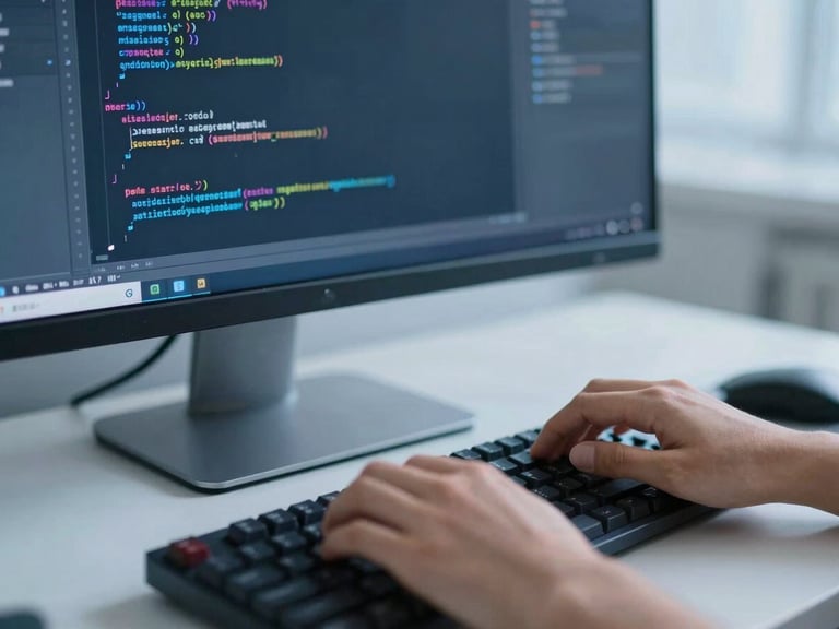 Close-up of clean code in an IDE on a modern monitor, hands typing on a mechanical keyboard, soft blue ambient light, shallow depth of field