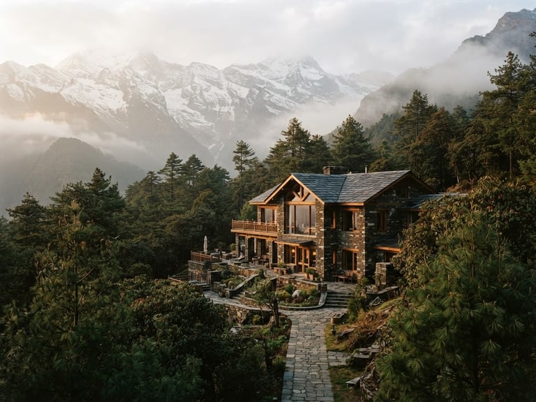 Misty morning mountain landscape of the Himalayas, luxury stone lodge nestled among pine trees, soft natural daylight, rich earth tones