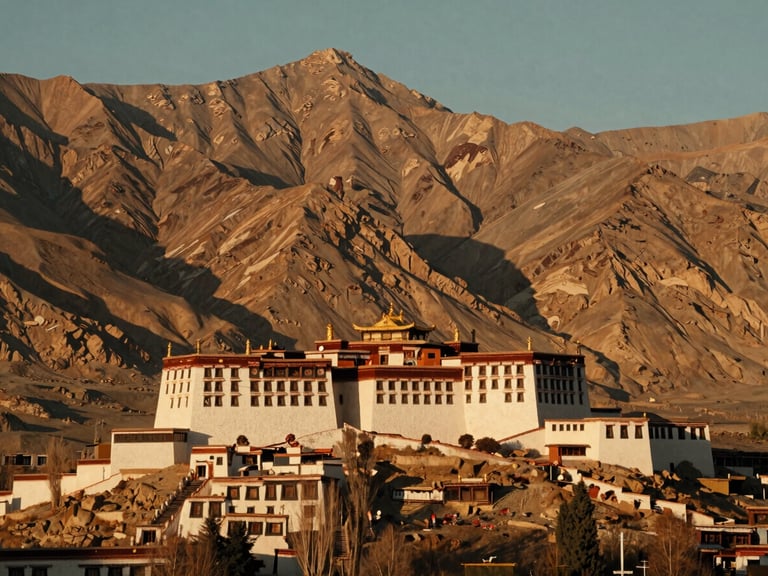 Wide environmental shot of Hemis Monastery in Ladakh during golden hour, majestic barren mountains in the background, warm editorial travel photography style, medium format film style.