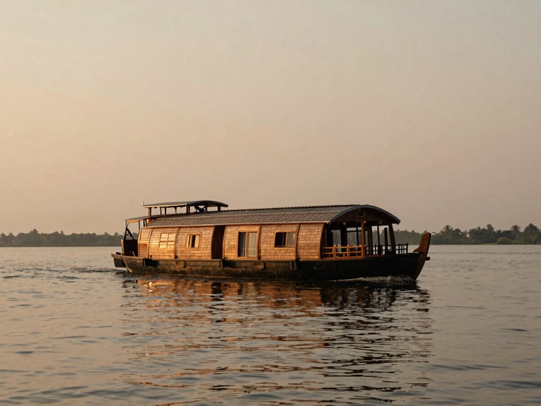 Medium shot of a private luxury wooden houseboat gliding on calm Kerala backwaters at sunset, soft natural daylight, rich saturated earth tones, warm editorial travel photography style.