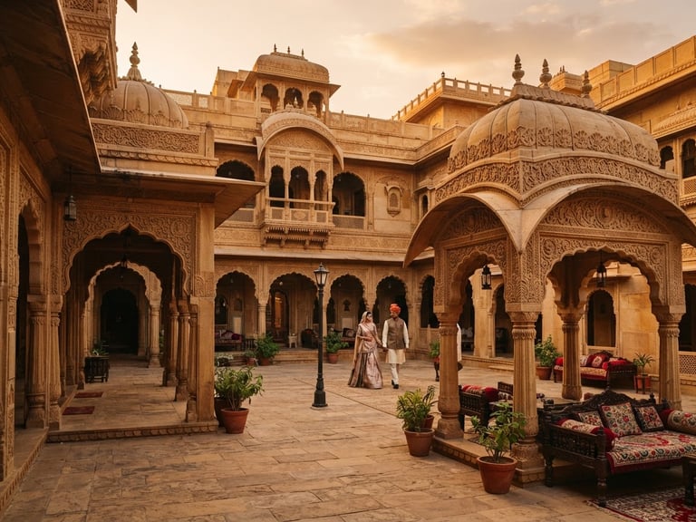 Warm golden hour shot of a luxury heritage fort courtyard in Rajasthan, intricate stone carvings, soft shadows, medium format film style