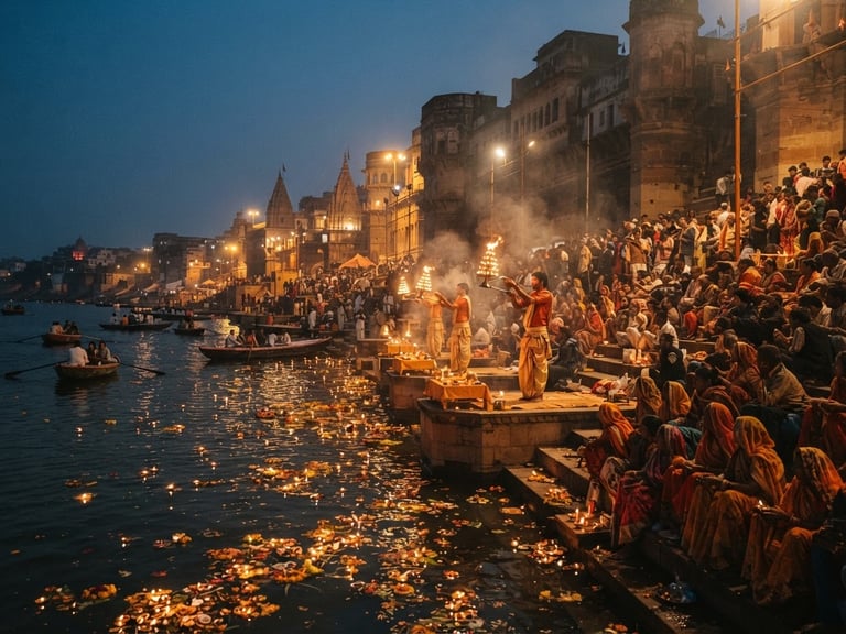 Atmospheric evening shot of Varanasi ghats at twilight, soft oil lamps floating on the river Ganges, rich warm tones, medium format film style