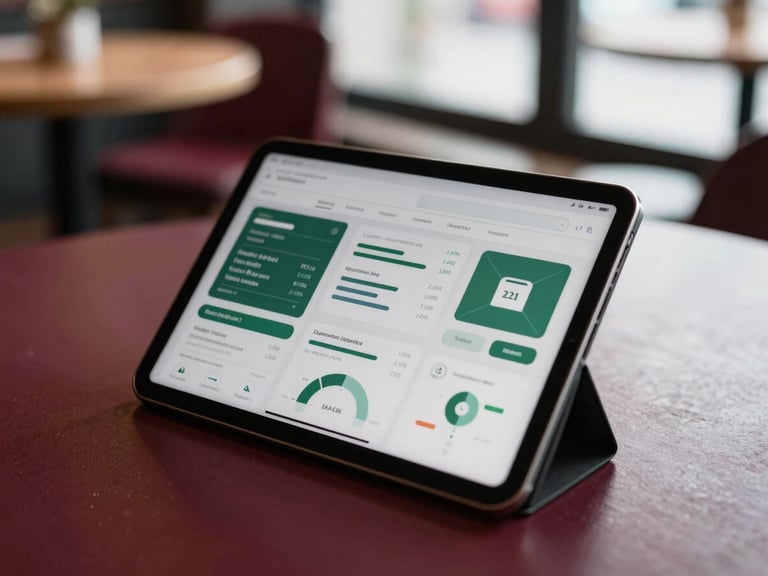 Overhead shot of a tablet displaying a social media analytics dashboard, blurred background of a cozy Scandinavian-style cafe, soft window light, deep crimson and forest green tones.