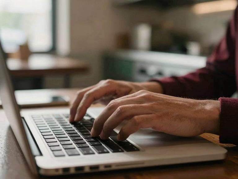 Hands typing on a laptop keyboard, blurred background of restaurant kitchen equipment, soft warm light, shallow depth of field, focused on the keyboard.