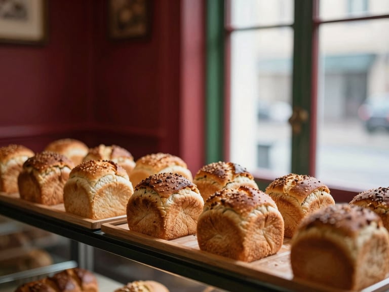 Warm, inviting interior of a heritage bakery, golden-brown loaves on display, soft morning light streaming through windows, deep crimson and forest green tones, shallow depth of field, 35mm