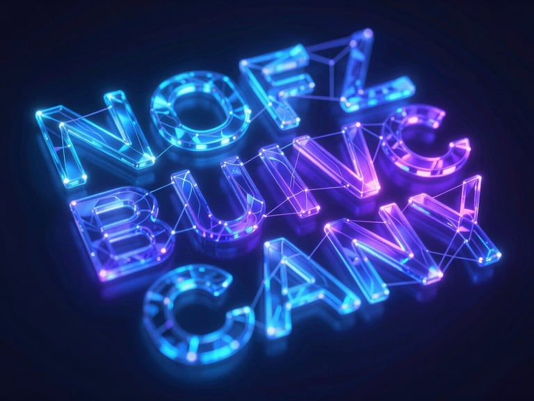 Abstract glowing digital nodes representing neural network processing text, dark background, neon blue and violet lighting, futuristic 3D render
