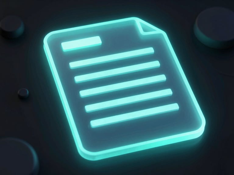 Glowing glassmorphic document interface mockup with neon cyan edge lights, abstract 3D geometric shapes, dark background, sharp focus