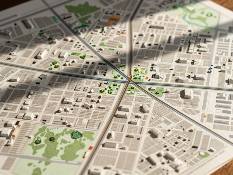 A clean cartographic overlay map of an urban neighborhood, showing green spaces and transit lines, printed on warm matte paper with soft architectural shadows.