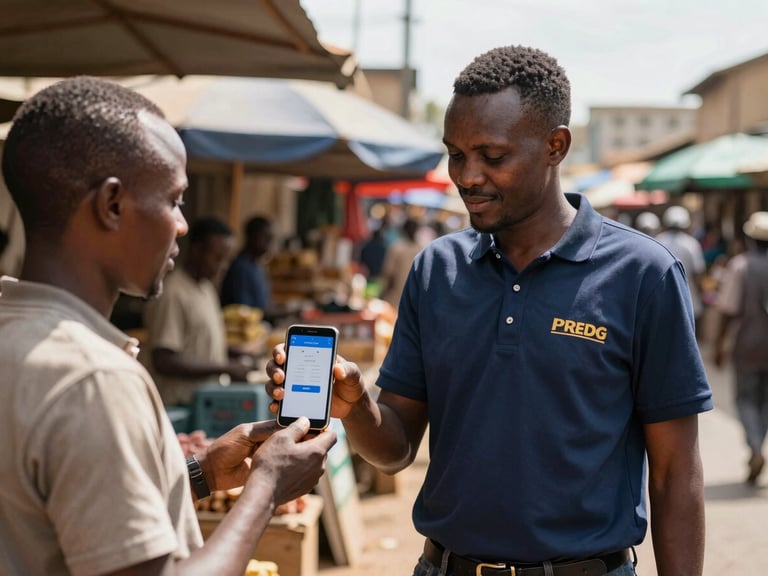 Active outdoor market in Nairobi, a field representative wearing a professional branded polo shirt demonstrating a mobile payment app to a local merchant, natural sunlight, sharp focus.