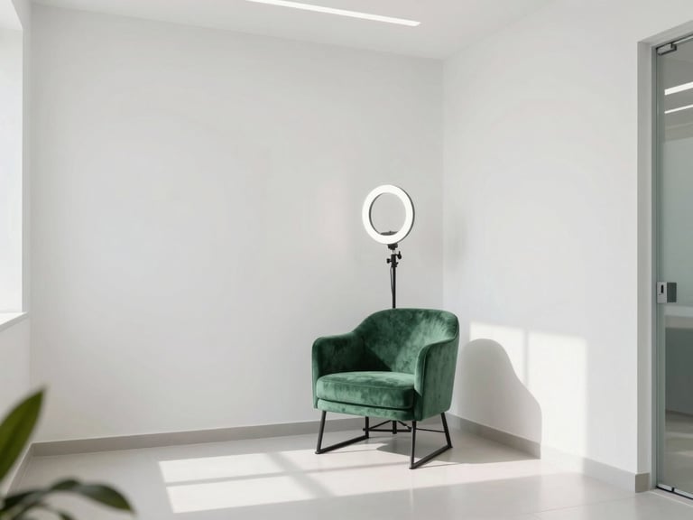Bright editorial wide shot of a modern, stylish clinic interior in New Chandigarh, featuring clean white walls, a minimalist green velvet chair, and soft natural daylight
