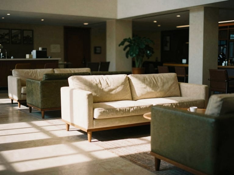 Moody hotel lobby with natural light casting long shadows on mid-century furniture, warm cream and deep olive tones, 35mm film look.