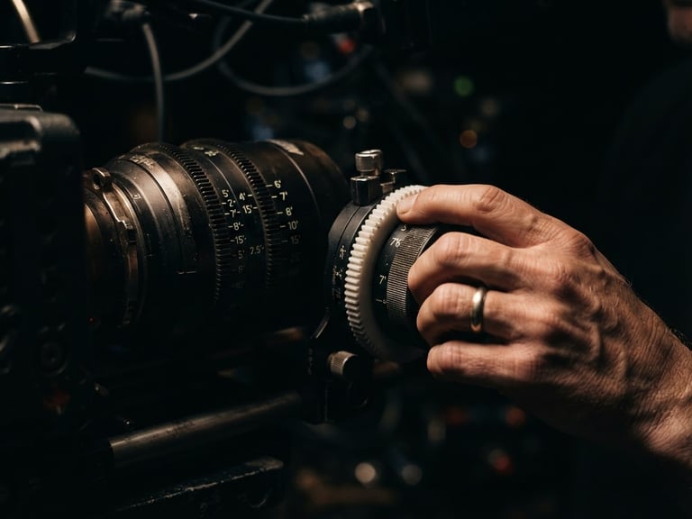 Extreme close-up of hands operating a high-end cinema camera focus wheel, dramatic high-contrast side lighting, moody dark tones, 35mm grain, professional color grading.