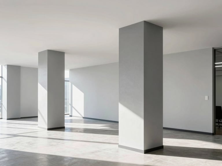 Wide bright completed commercial office interior flooded with natural light, showcasing smooth non-streaky grey paint textures on structural columns